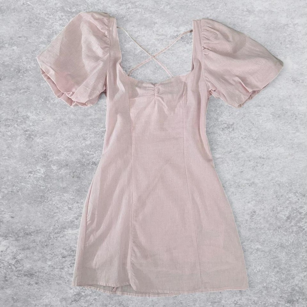 NWT H&M Pink Linen Blend Puff Sleeve Lace Up Back Mini Dress Cottagecore - Picture 3 of 8
